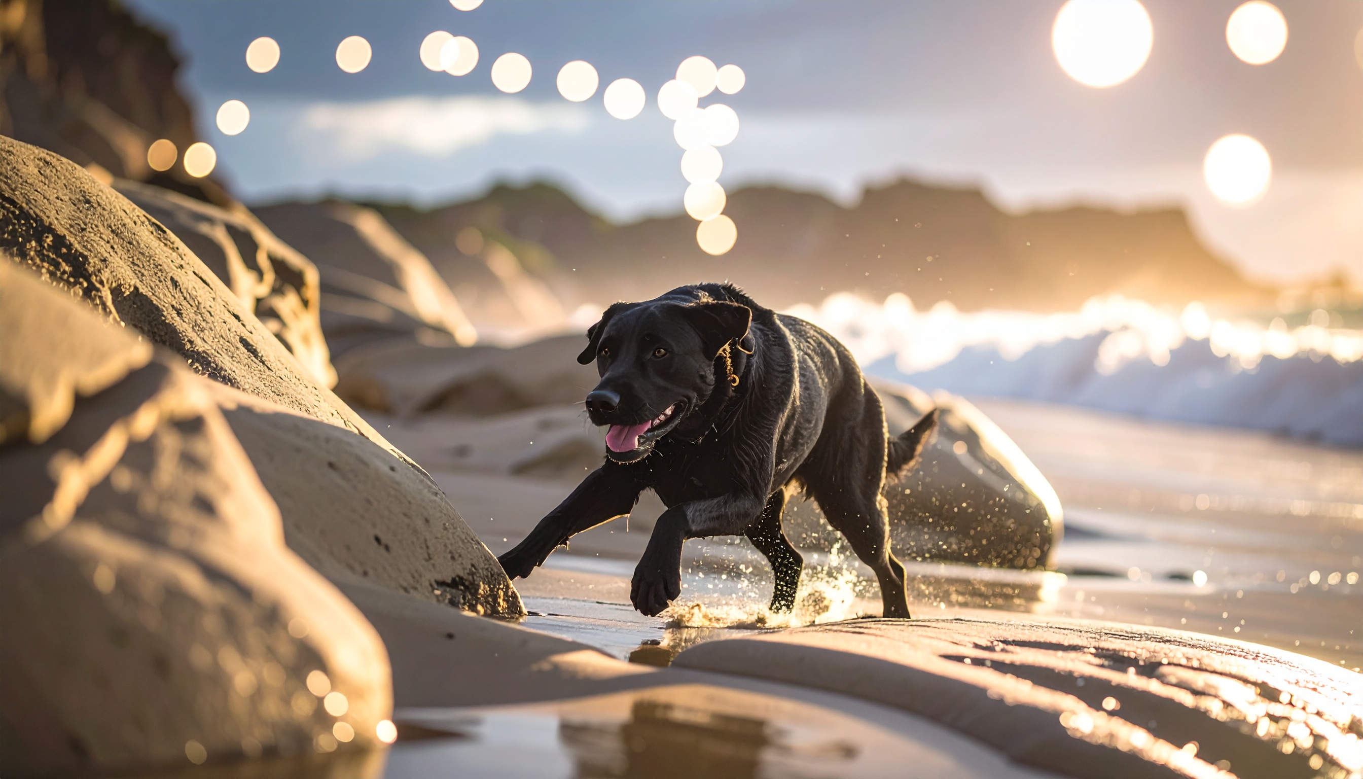 Cão preto corre alegremente na praia, com água espirrando ao redor enquanto o sol poente cria um efeito bokeh deslumbrante no fundo. Rochas claras estão em primeiro plano e o mar está suavemente desfocado. A iluminação dourada e a composição dinâmica transmitem uma sensação de liberdade e aventura.